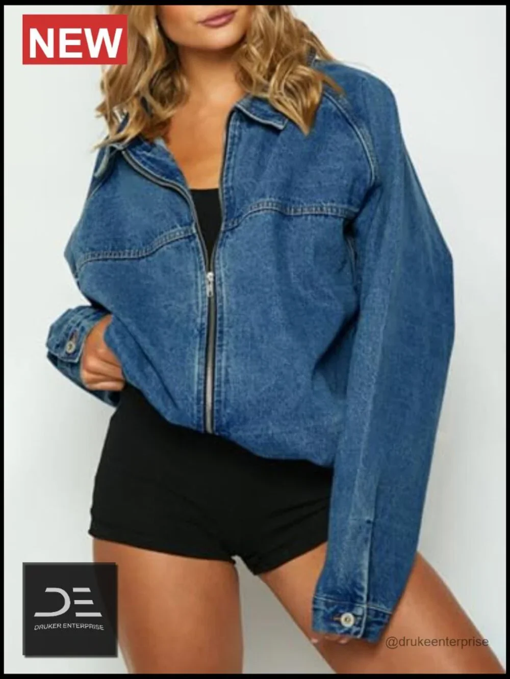 Oversized Denim Jacket with Zip Up Long Sleeve Slant Pockets